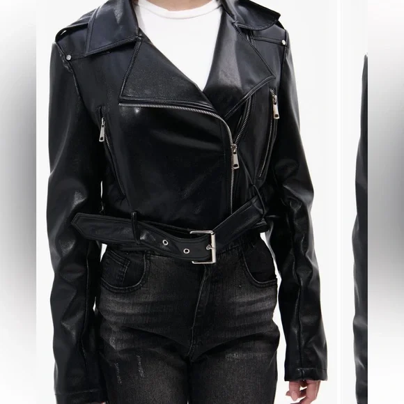 Women's Black Leather Biker Jacket - Picture 2 of 2